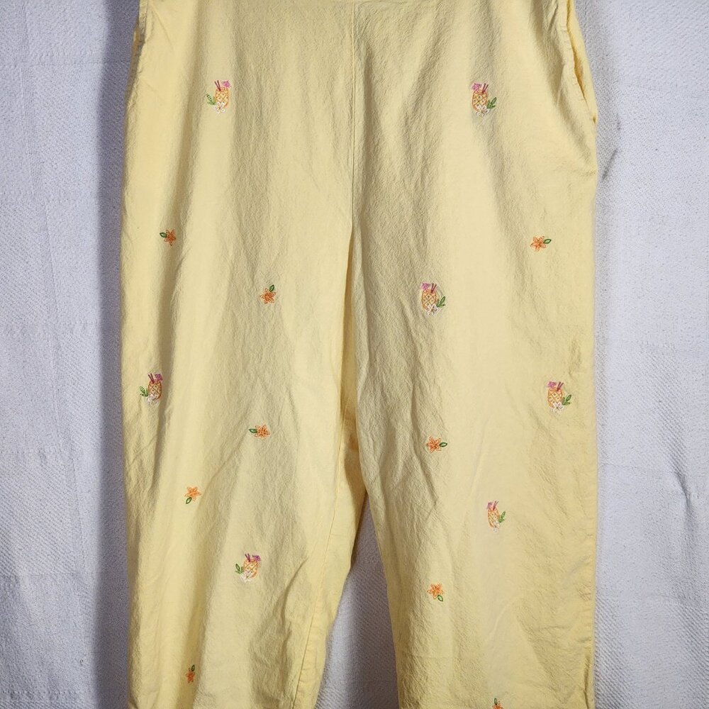 Alfred Dunner Yellow Umbrella Drink Embroidery Cotton Elastic Waist Pant Size 16 - Picture 4 of 16